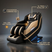Massage Chair Engineered for Full-Body Therapy, SL-Track 4D Rollers, Dual-Zone Heat, Air Compression System — infographic