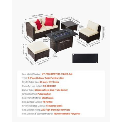6-Piece Outdoor Patio Furniture Set, Wicker Rattan Outdoor Sectional Conversation Set with 50000BTU Propane Fire Pit Table, Cushioned Sofas, Coffee Table & Ottoman for Patio Garden Backyard