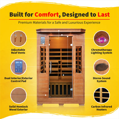 2-Person Hemlock Premium Infrared Sauna with 6 Carbon Heaters